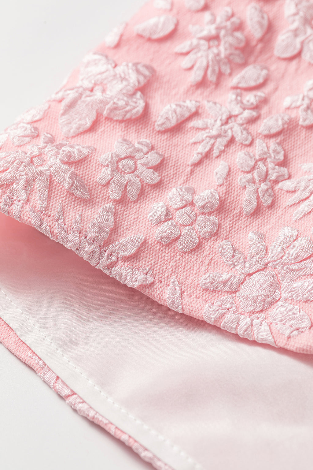 Apricot Pink Floral Textured Jacquard Puff Sleeve Blouse