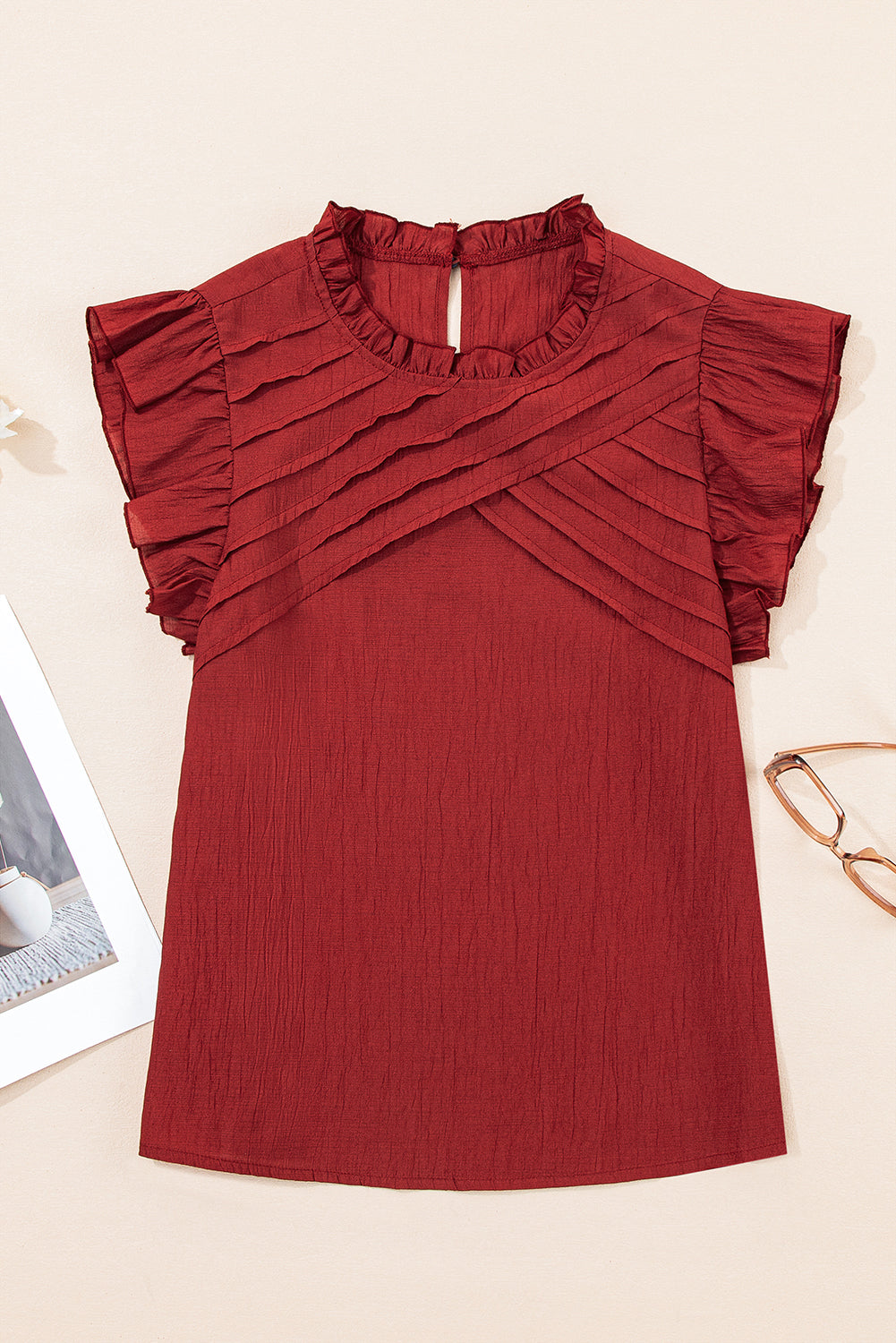 Red Dahlia Solid Color Pleated Detail Ruffle Short Sleeve Blouse
