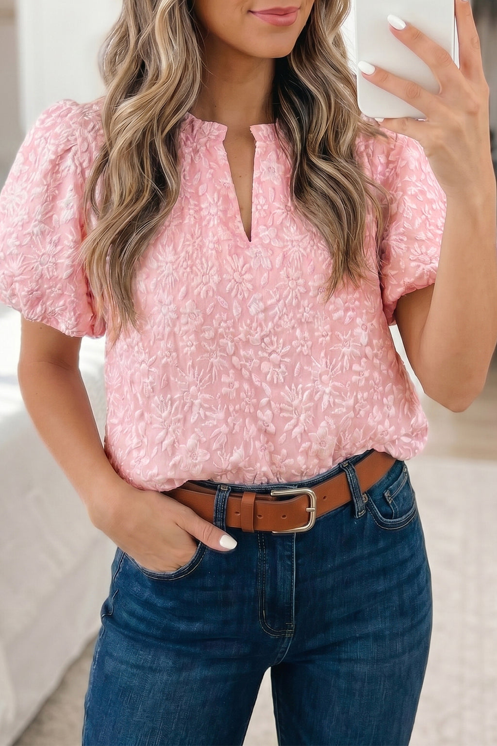 Apricot Pink Floral Textured Jacquard Puff Sleeve Blouse