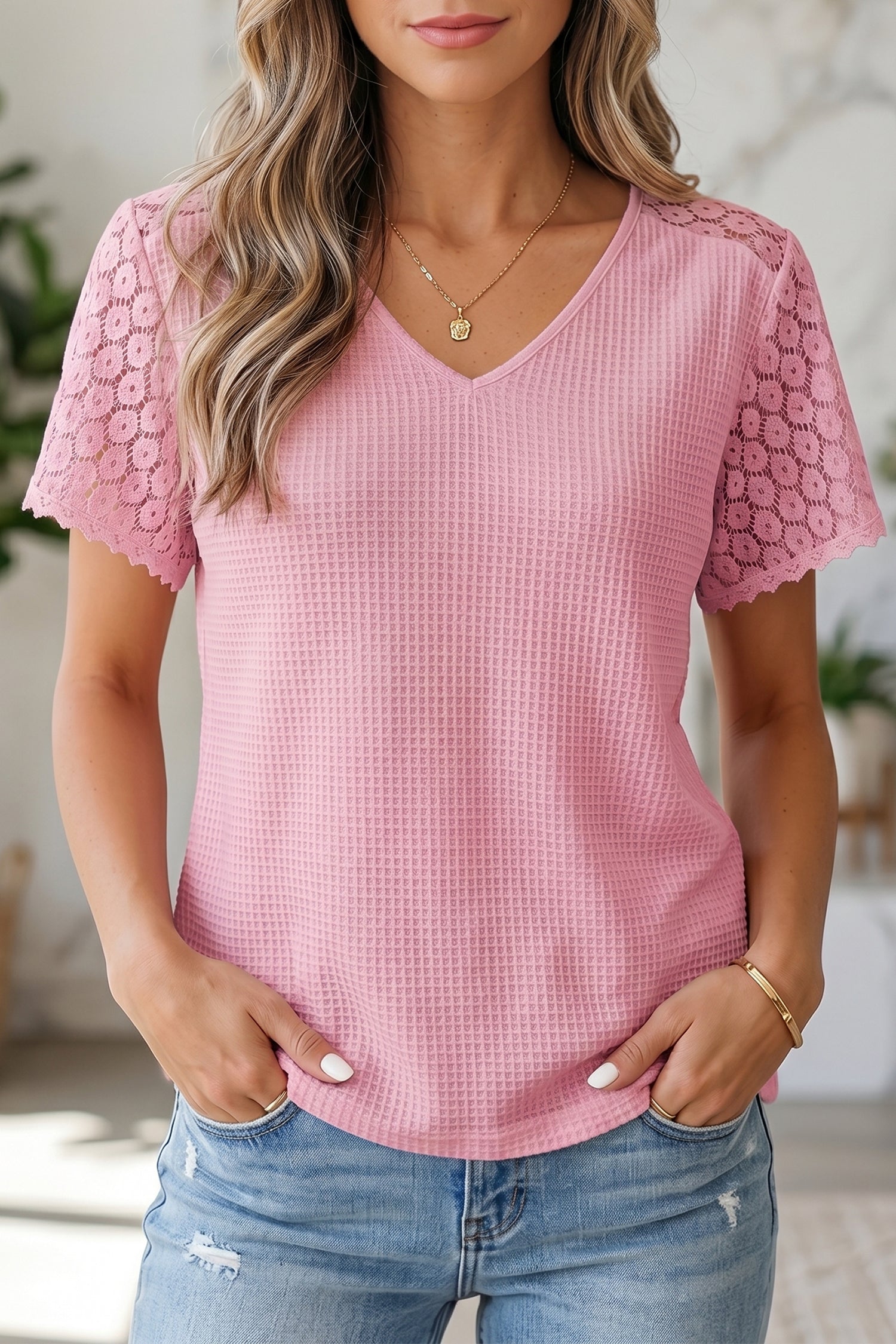 Mint Green Lace Splicing Button Cutout V Neck Waffle Knit Blouse