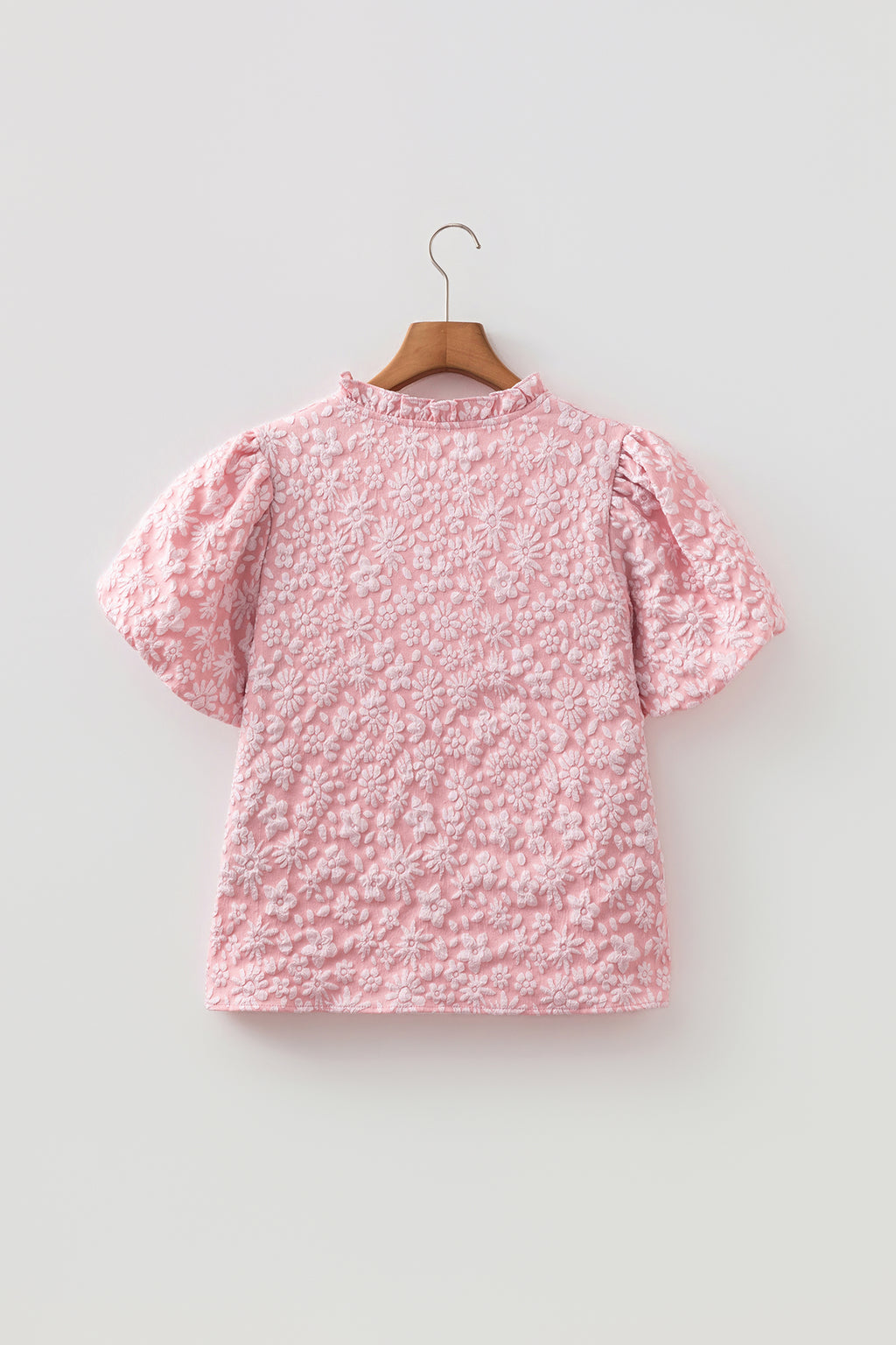 Apricot Pink Floral Textured Jacquard Puff Sleeve Blouse