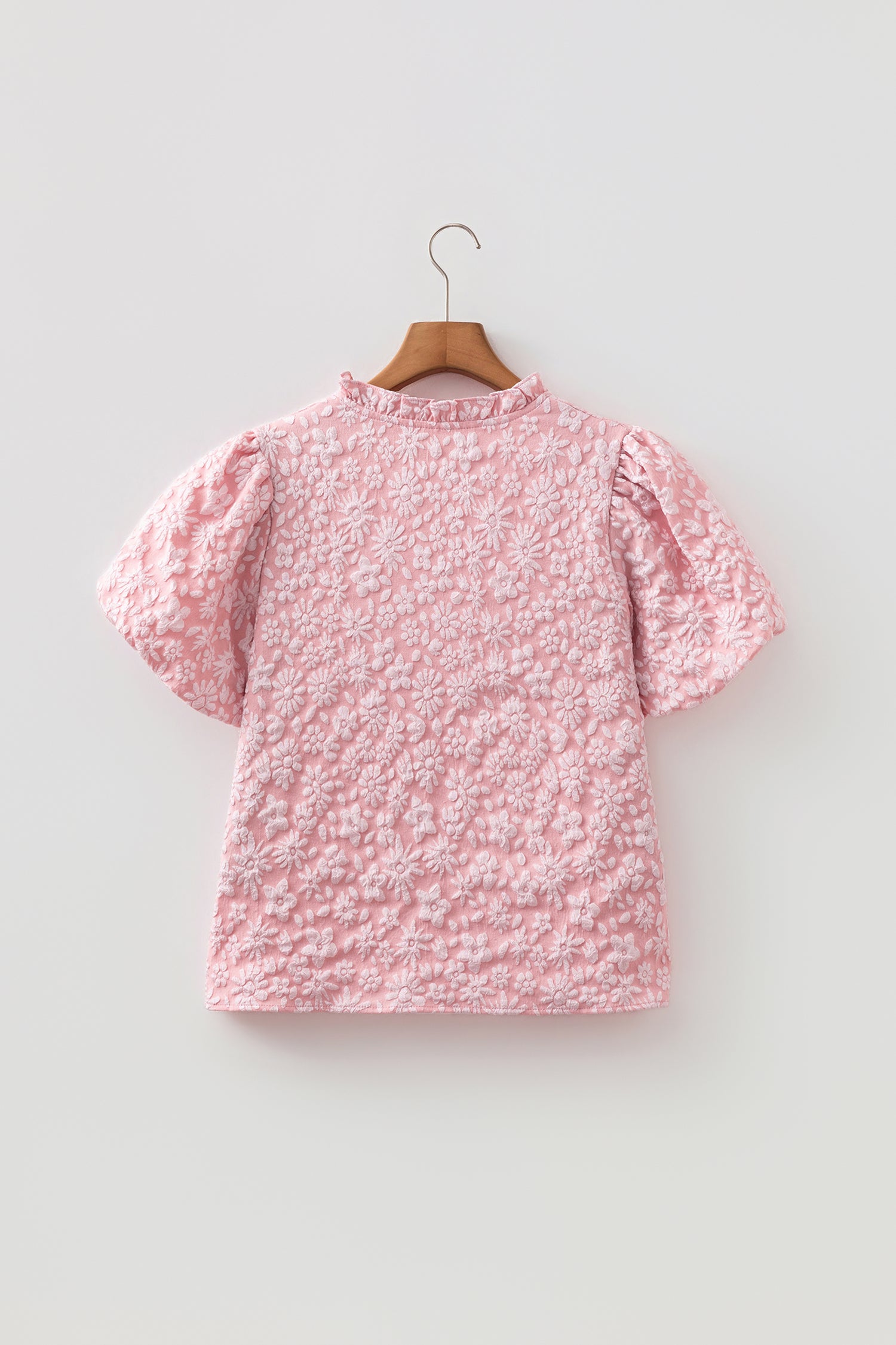 Apricot Pink Floral Textured Jacquard Puff Sleeve Blouse