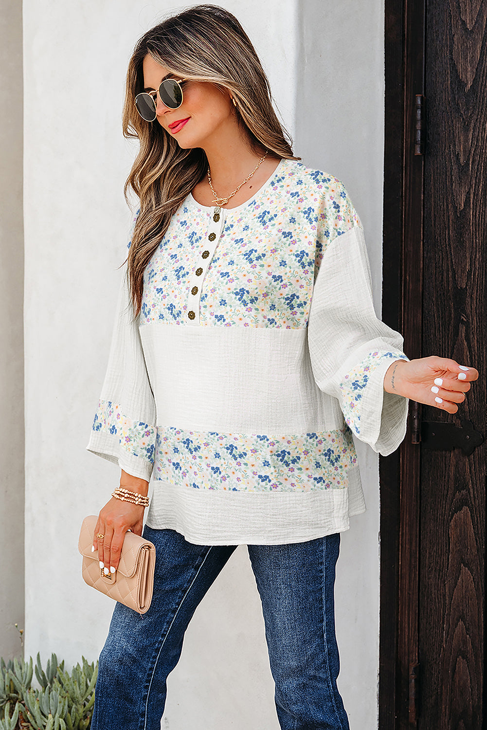 Red Floral Print Gauze Patchwork Henley Button 3/4 Sleeve Blouse