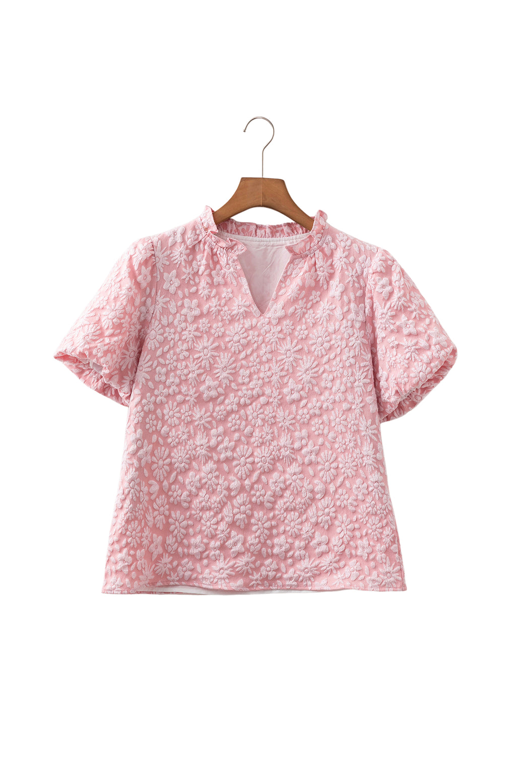 Apricot Pink Floral Textured Jacquard Puff Sleeve Blouse