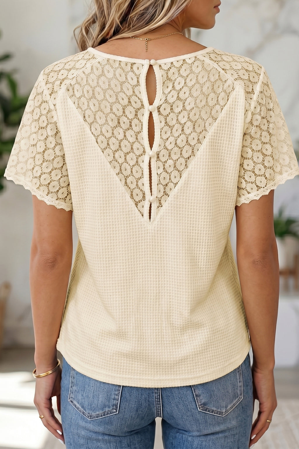 Mint Green Lace Splicing Button Cutout V Neck Waffle Knit Blouse