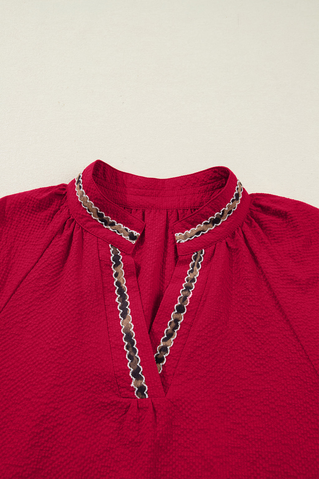 Racing Red Leopard Jacquard Print V Neck Textured Blouse