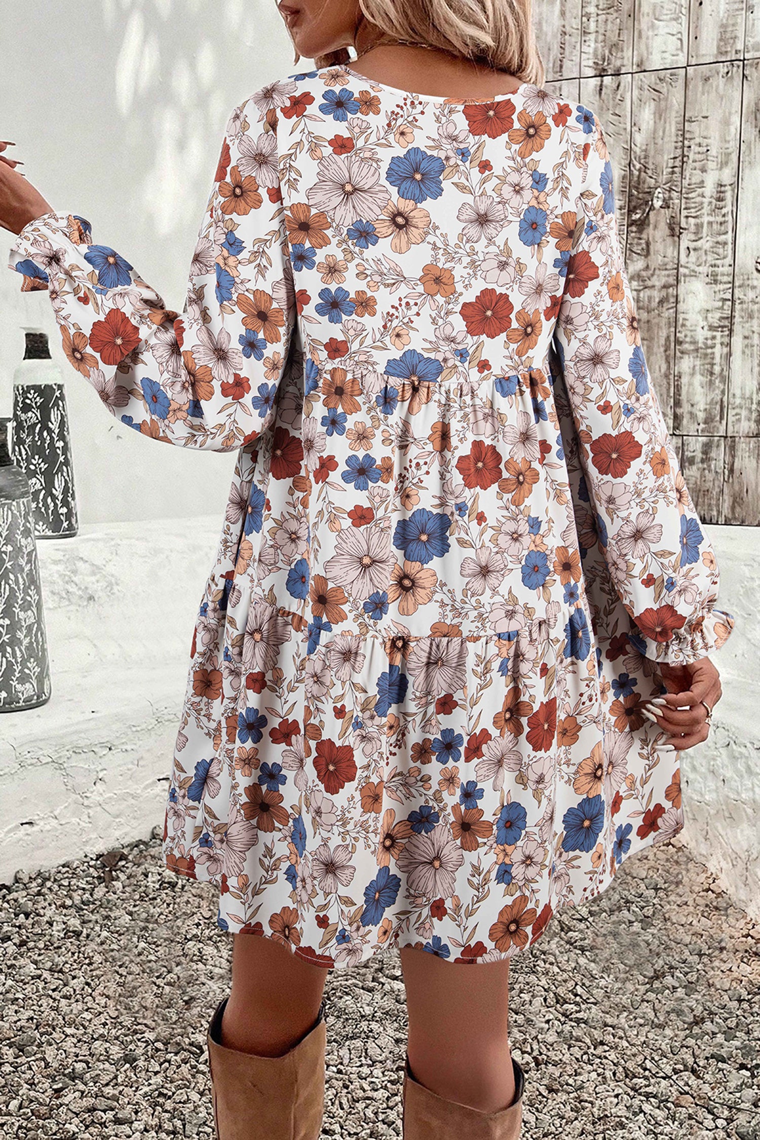 Khaki Tiered Floral Round Neck Ruffled Long Sleeve Dress