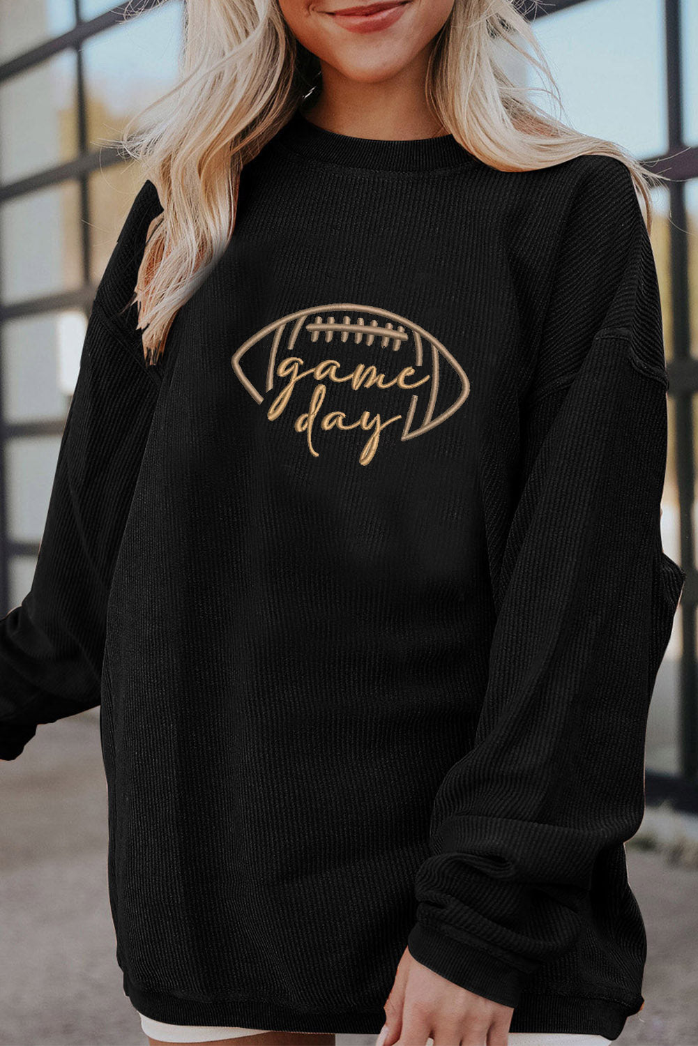 Orange Rugby Game Day Embroidered Corduroy Sweatshirt