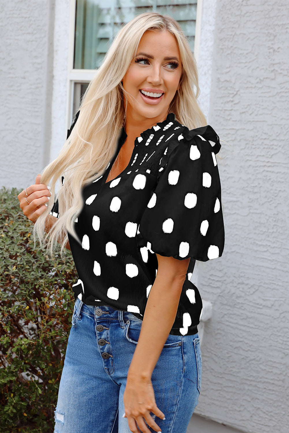 Apricot Polka Dot Print Shirred Yoke Notched Neck Balloon Sleeve Blouse