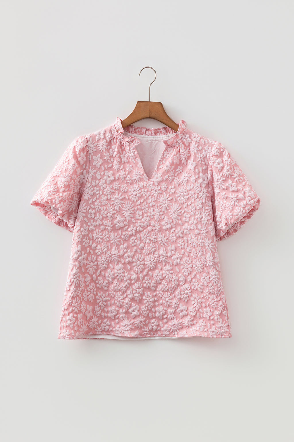 Apricot Pink Floral Textured Jacquard Puff Sleeve Blouse