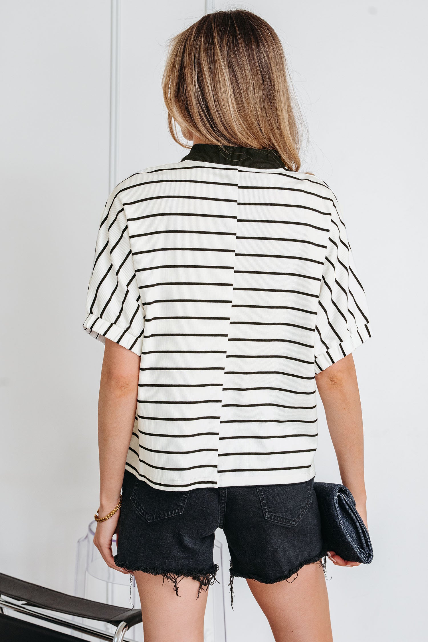 Black Stripe Stand Collar V Neck Elastic Cuffs Half Sleeve Dolman Top