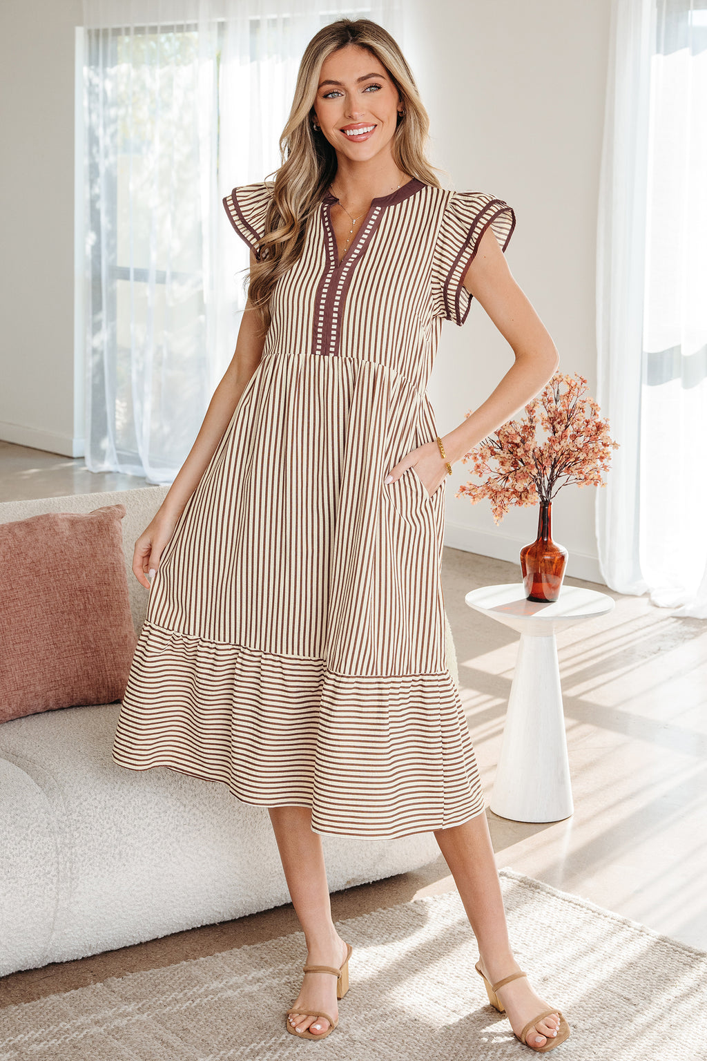 Black Stripe Double Ruffled Short Sleeve Contrast Trim V Neck Midi Dress