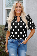 Apricot Polka Dot Print Shirred Yoke Notched Neck Balloon Sleeve Blouse