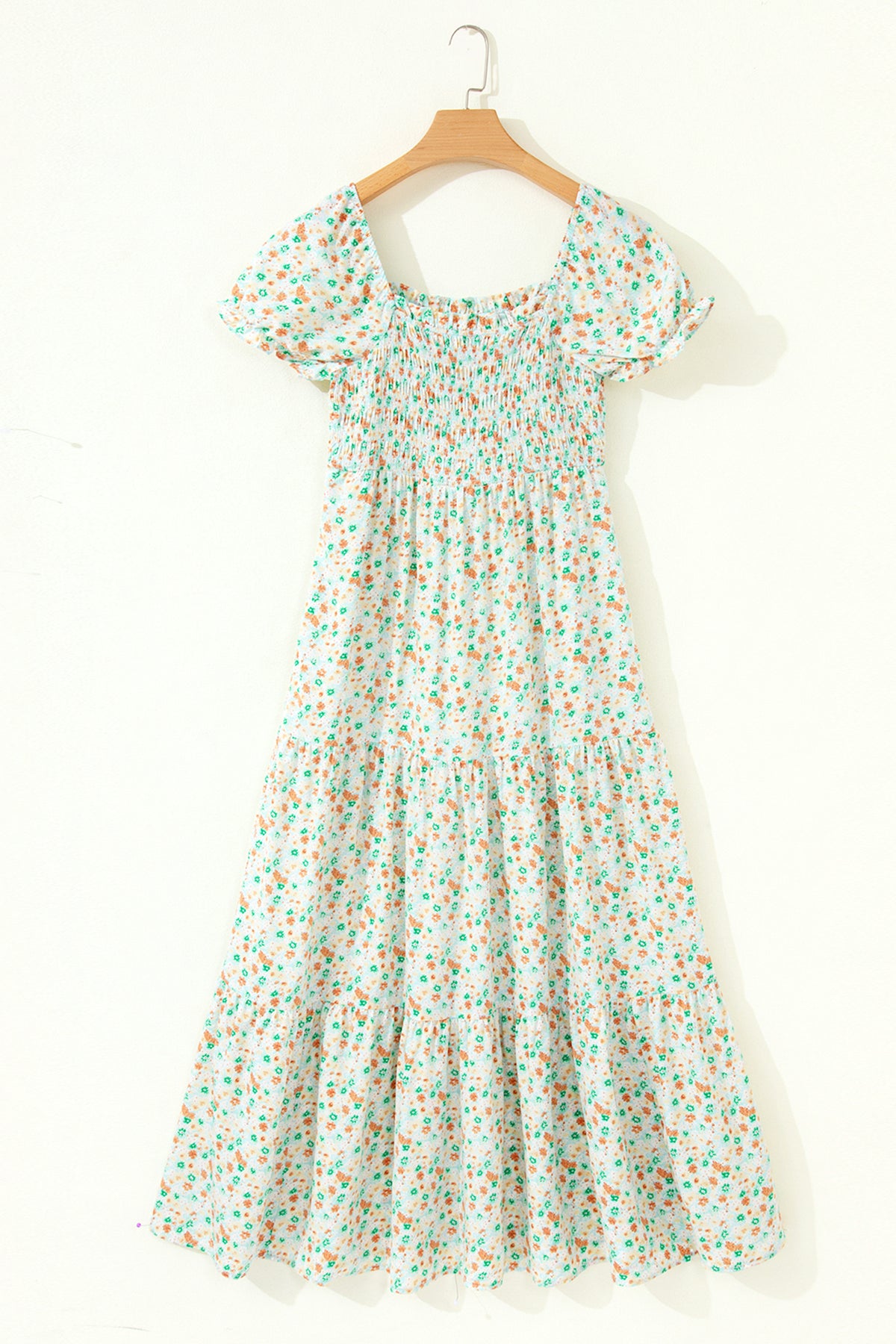 Pink Floral Short Bubble Sleeve Shirred High Waist Maxi Dress