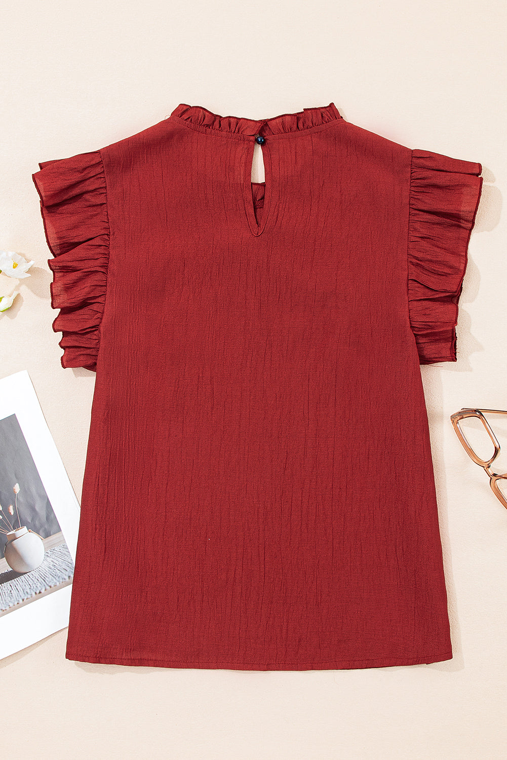 Red Dahlia Solid Color Pleated Detail Ruffle Short Sleeve Blouse