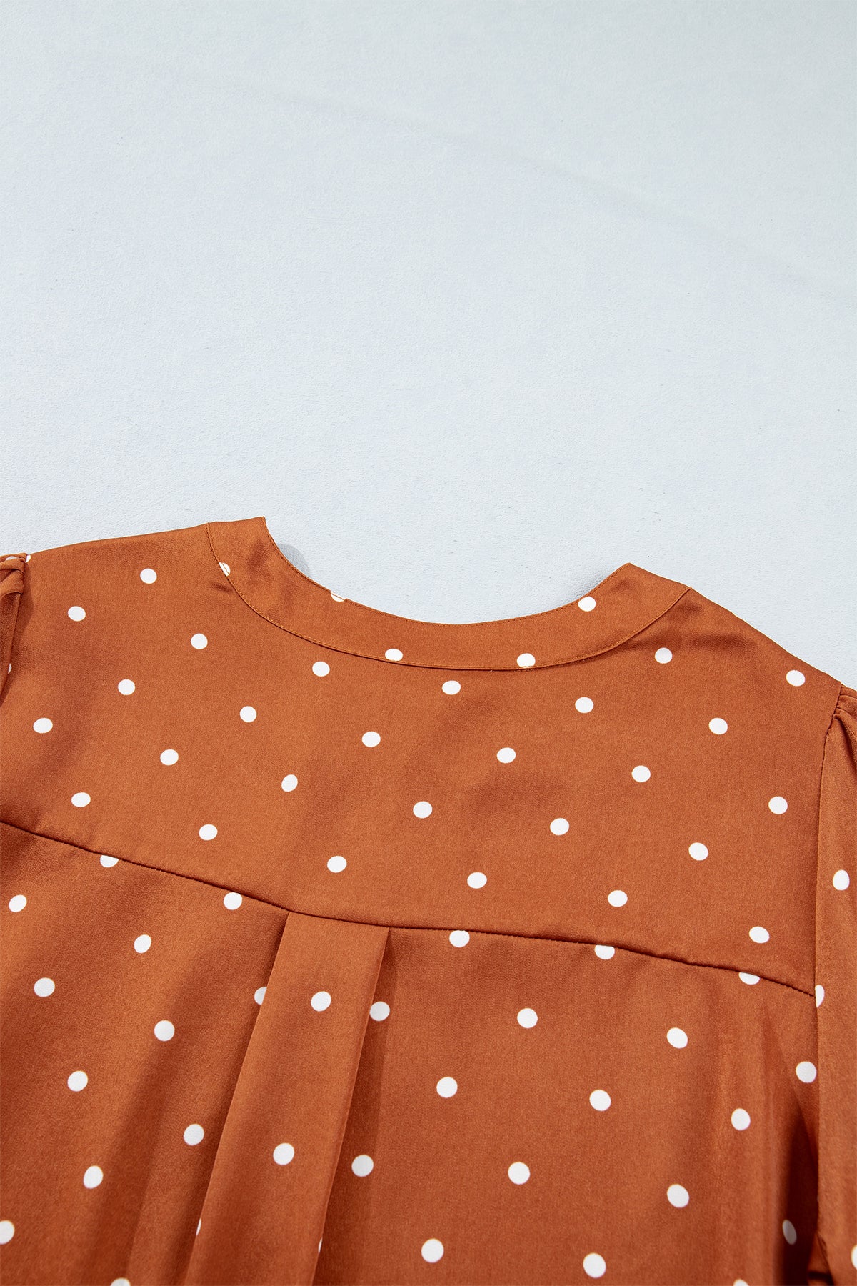 Brown Polka Dot Half Button V Neck Long Sleeve Blouse